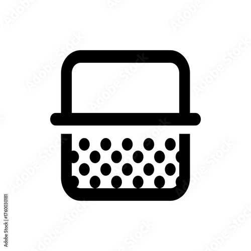 Illustration of a black colander with rounded corners and a pattern of circular holes for draining food