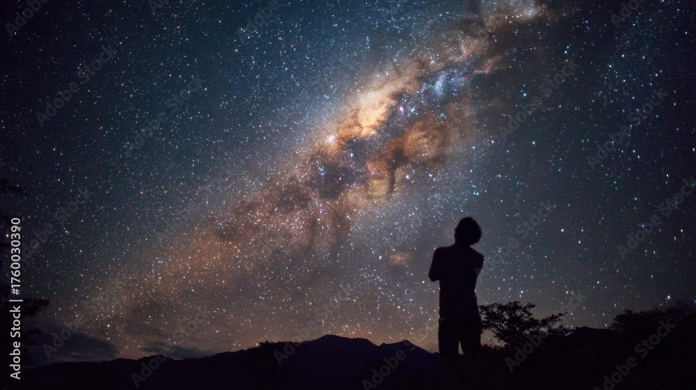 Fototapeta premium A person is standing in the dark, looking up at the stars. The sky is filled with stars, and the person is looking at the Milky Way. Scene is peaceful and contemplative