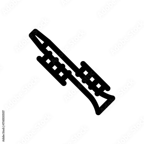 A simple line drawing of a clarinet musical instrument with keys and a bell on a white background image