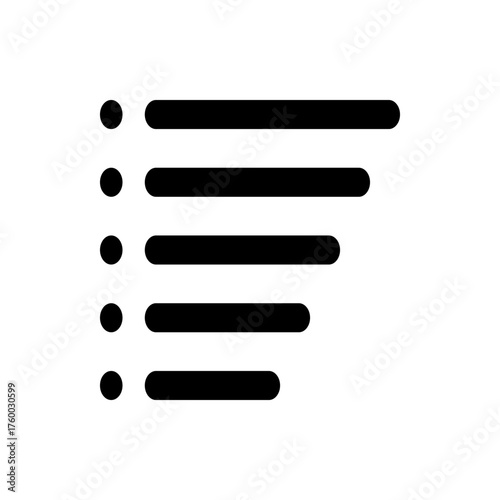 Black bulleted list icon with horizontal lines of varying lengths on a white background perfectly aligned