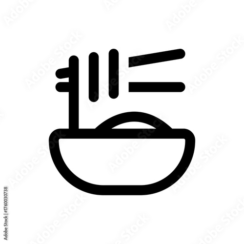 A stylized illustration of a bowl of noodles with chopsticks, rendered in a simple, bold, black outline
