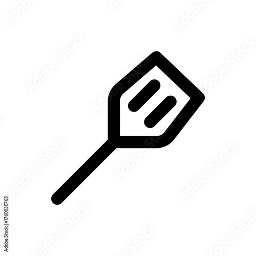 Illustration of a black outline spatula with three slots on a white background kitchen utensil icon