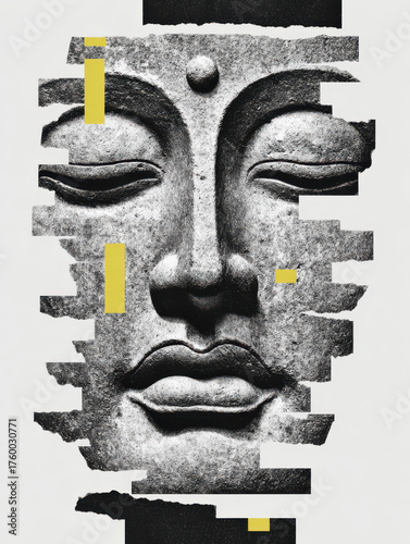Graphical Buddha Head, Fragmented and isolatable, modern collage antique sculpture, 