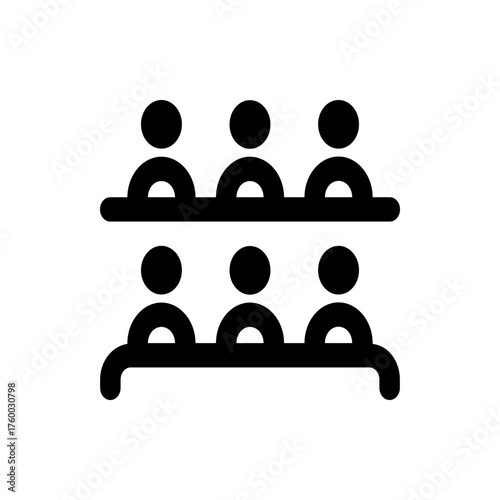 Illustration of six generic figures seated at a table in two rows in simple black and white design style