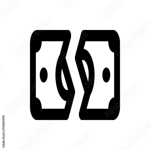 Illustration of a torn or broken currency note with rounded corners and circular accents in black and white