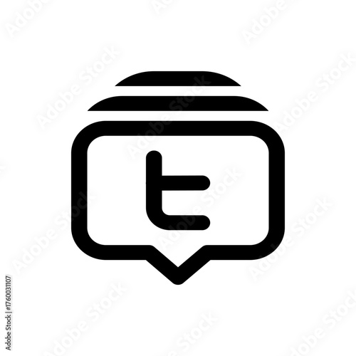 Black outline of a speech bubble with rounded corners containing a lowercase t and a header element above it