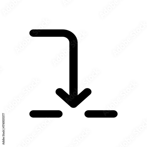 Black arrow pointing down with a right angle turn above two short horizontal lines on a white background