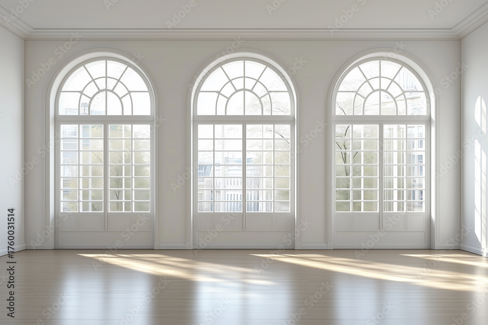 Fototapeta premium Airy room with large arched windows and soft daylight