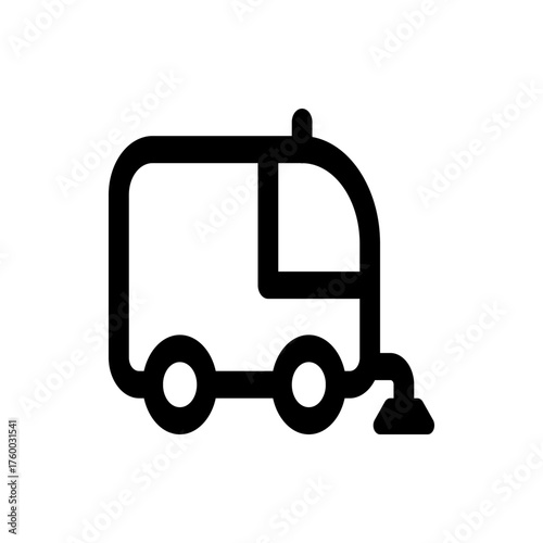 Illustration of a street sweeper truck with a rounded body and a sweeping brush in a simple black outline