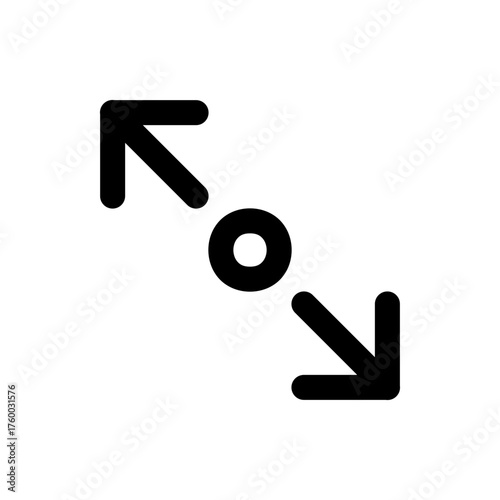Black arrows pointing diagonally towards a central circle indicating contraction or shrinking direction icon
