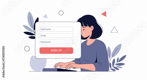 Modern website sign up design featuring a young woman creating an account for an app or service to unlock exclusive features and benefits now