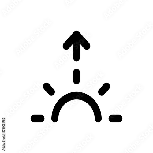 Black icon showing an upward arrow above a semicircle with radiating lines on a white background design