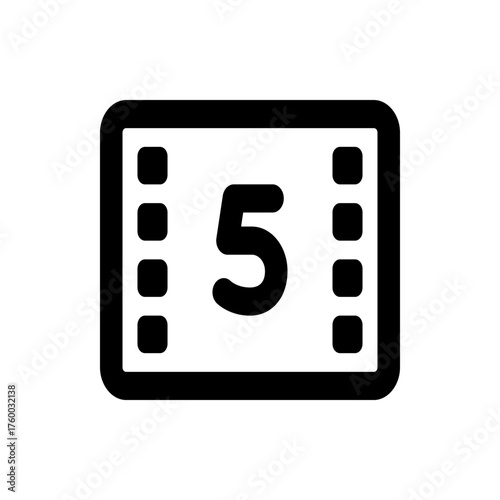 A black outline of a film countdown frame with rounded corners displaying the number five in the center
