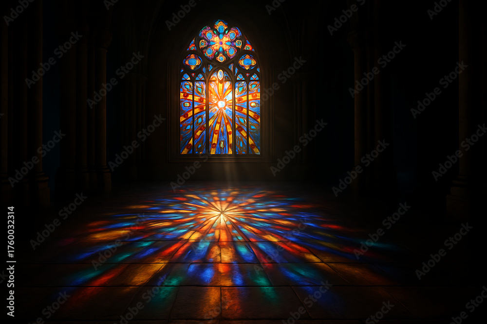 Obraz premium Colorful stained glass window inside dark church interior, sunlight reflection casting radiant colors on floor, spiritual architecture concept background symbolizing faith worship peace divine inspira