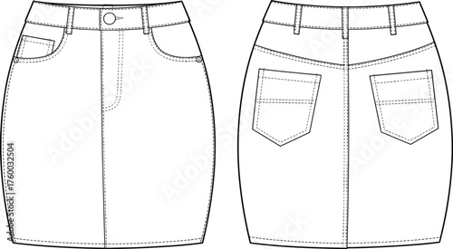 Denim skirt sketch, belt loops, zipper fly, flap pockets, topstitching detail, fashion flat, garment design, vector illustration, apparel template