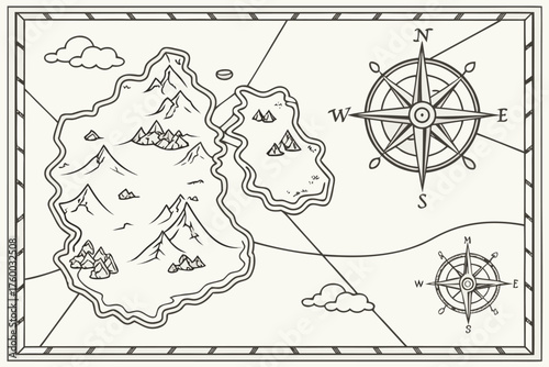 Create a line-art vector map of an imaginary fantasy archipelago volcanoes, hidden bays, sailing routes, compass rose, vintage travel-map feel