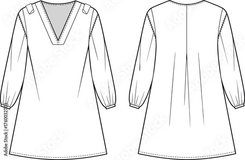 Tunic dress sketch, deep V-neckline, shoulder tabs, gathered sleeves, pleated back, fashion flat, garment design, vector illustration, apparel template