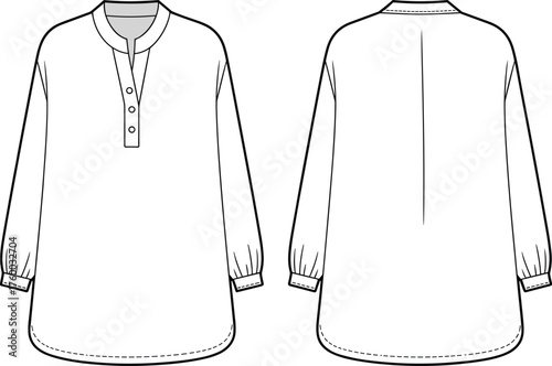 Tunic top sketch, banded collar, gathered cuffs, curved hem, center seam, fashion flat, garment design, vector illustration, apparel template
