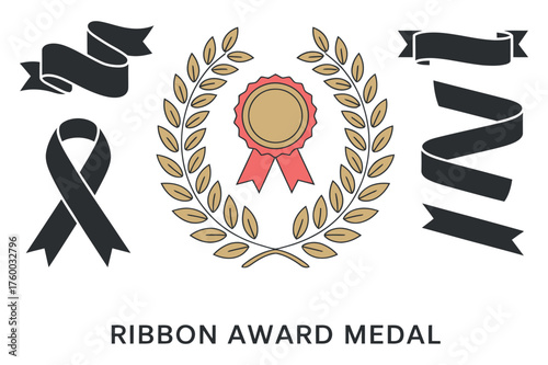 Ribbon Award Medal Badge Reward Achievement Vector Design Elements Set For Presentation and Celebration of Success and Appreciation