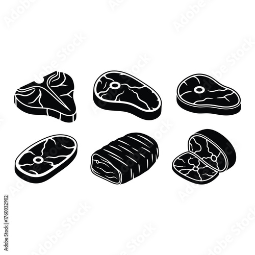 Six different cuts of meat in black silhouette style