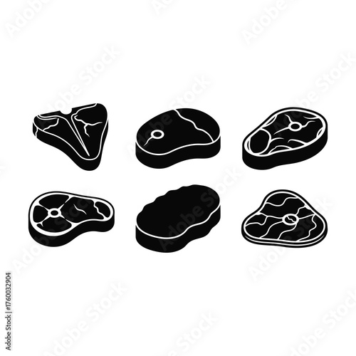 Six different cuts of meat in black silhouette style