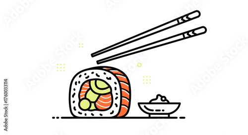 Minimalist Sushi Representation With Chopsticks Against a Black Backdrop Illustration