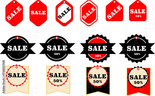 Set of vibrant sale badges and discount tags in red, black, white, and beige, featuring 'SALE' and '50%' text in shapes like hexagons, ribbons, and circles for promotional marketing and e-commerce