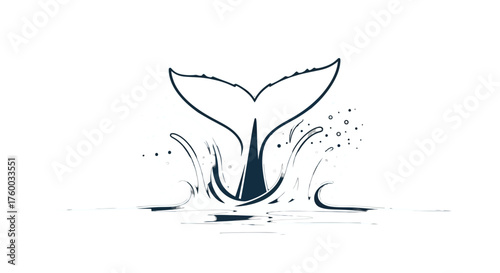 Minimalist Whale Tail Illustration Amidst Bubbling Waters on a Black Background