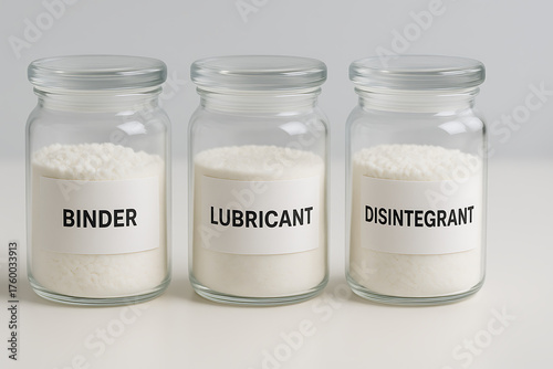 Pharmaceutical excipient jars labeled binder lubricant disintegrant, formulation ingredients concept for tablet manufacturing process, pharmaceutical laboratory composition materials, powder storage g