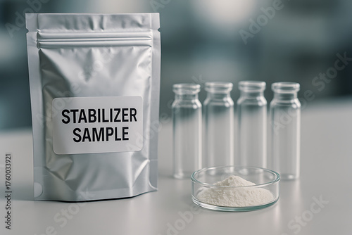 Pharmaceutical stabilizer sample pouch with glass vials and powder, chemical formulation testing material, excipient research compound in laboratory environment, pharma ingredient analysis for drug de