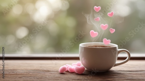 A white coffee cup with pink hearts floating in the steam. The cup is on a wooden table
