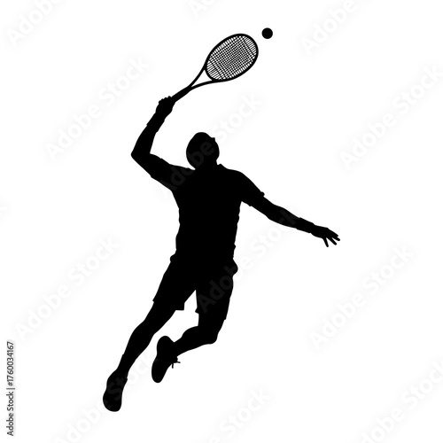 Silhouette of male tennis player serving on white background