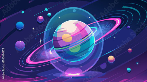 Colorful Cartoon Planet with Rings in Deep Space Illustration. Dreamy Cosmic Scene Space Exploration Universe Galaxy Fantasy Art, Vector Design.