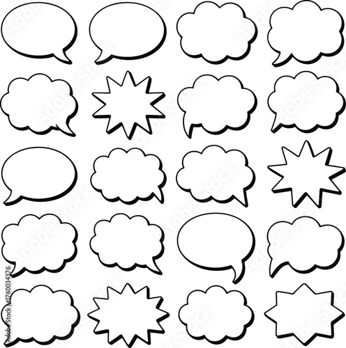Collection of vector speech bubbles and starbursts in black and white for communication design