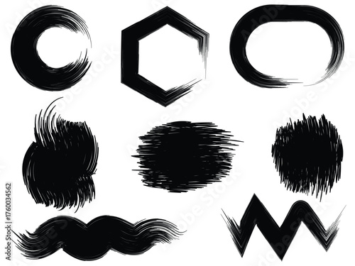 Black ink brush texture set with grunge circular, wavy, and geometric shapes on white background, Artistic paint brush stroke elements in grunge style for modern abstract design and digital artwork