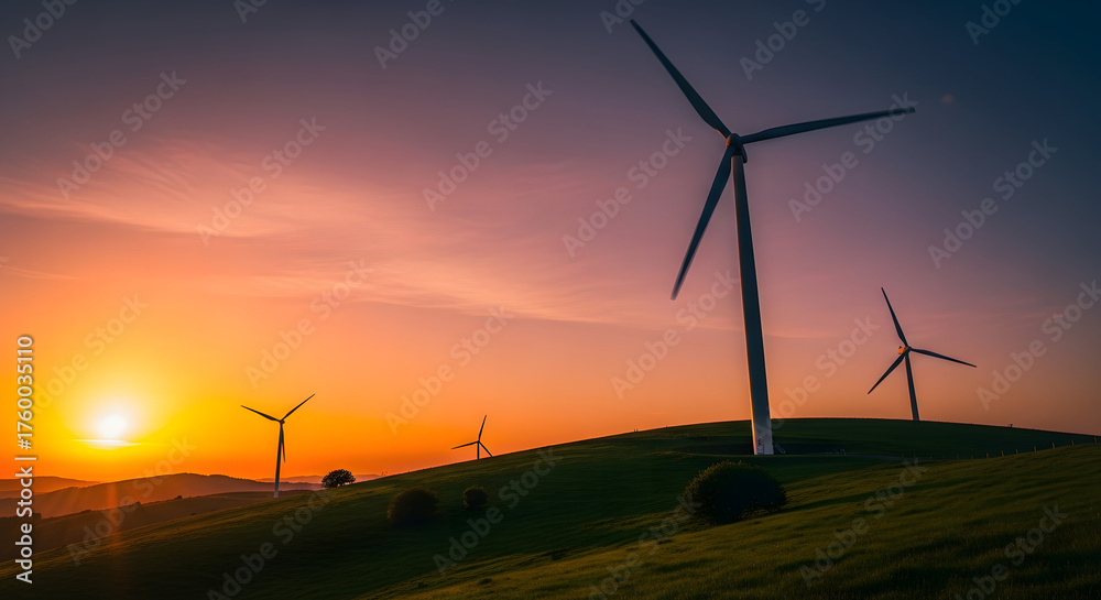 Obraz premium Wind turbines on a green hill against a vibrant sunset sky generating renewable energy source view