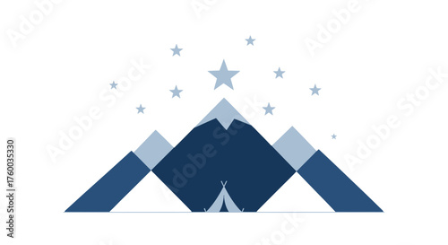 Mountainous Peaks Under The Starry Night Sky, Featuring A Tent, Minimalist Design