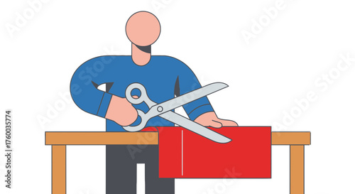 Minimalistic Illustration Of A Person Cutting Red Fabric With Scissors On A Table