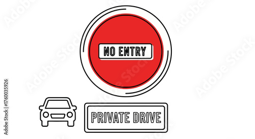No Entry Private Drive Sign Illustration With Car and Red Circle Against a Black Backdrop