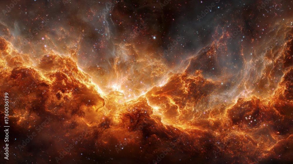 Fototapeta premium A vast, fiery cloud of gas and dust in space, with numerous stars scattered throughout. The orange hue of the cloud is striking and captivating, drawing the viewer's attention to its beauty