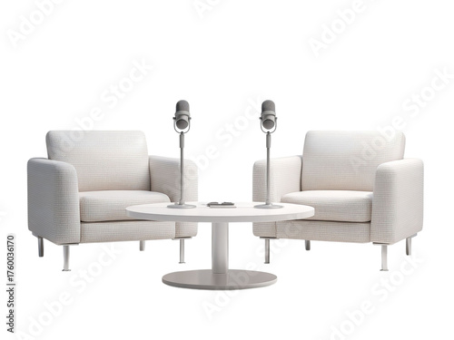 PNG of Modern white upholstered chairs and a sleek table set up for an interview or podcast recording.
