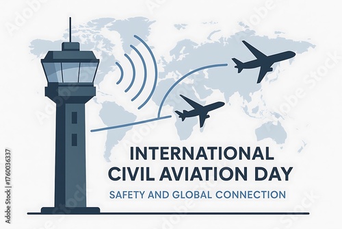 International Civil Aviation Day concept illustrating safety and global connection, with an air traffic control tower, planes, and a world map with flight paths.