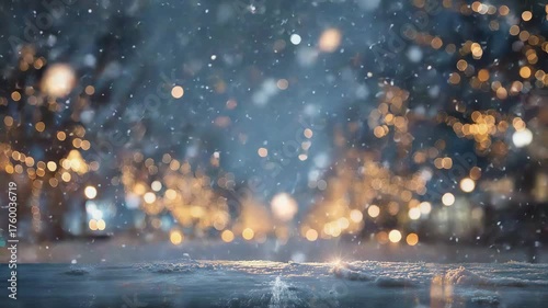 Snow falling on festive street with blurred bokeh lights winter night city atmosphere holiday background warm illumination snowfall cozy christmas season concept