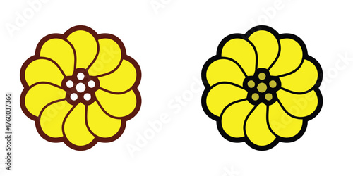 Pair of ornate, outlined vector flower icons resembling chrysanthemums or marigolds, featuring a vibrant yellow and red palette, ideal for badges, logos, or ornamental design.