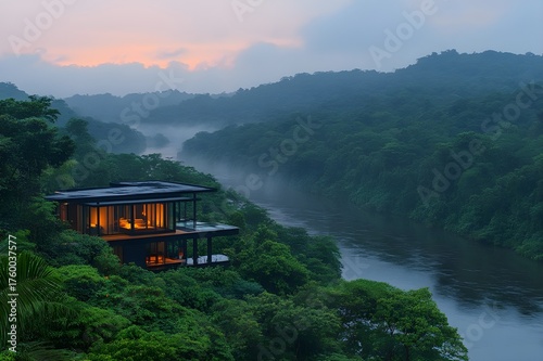 Modern glass house perched above a misty jungle river at dawn
