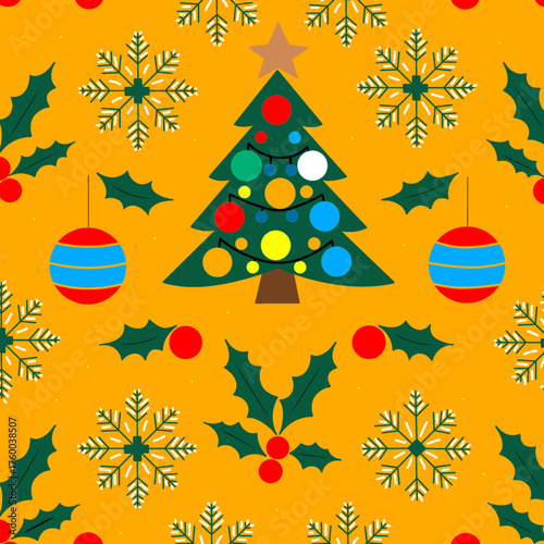 A bright, cheerful Christmas pattern with a central tree, holly, and snowflakes.
