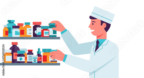Pharmacist Arranging Medication Bottles on a Shelf in a Pharmacy Setting