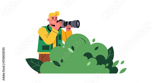 Photographer Capturing Nature's Beauty Behind Bushes Against a Deep Black Canvas