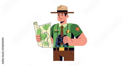 Park Ranger Illustratively Examining a Map and Binoculars on a Black Background Scene