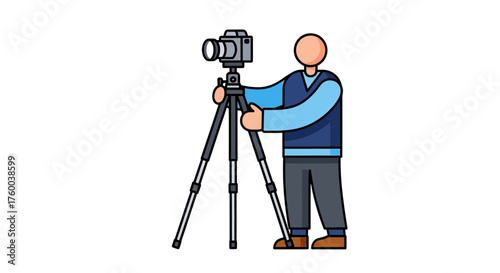 Photographer Readying His Camera On A Tripod Depicted Against A Black Backdrop